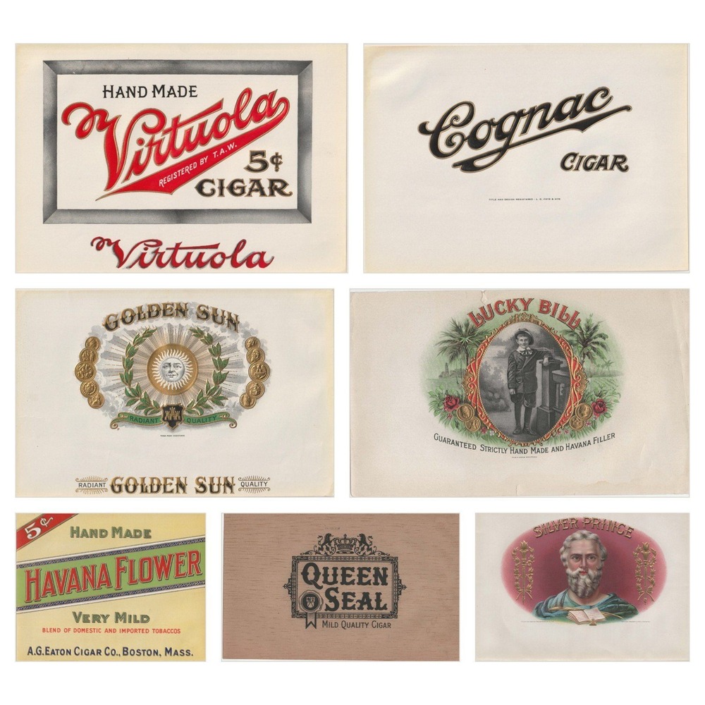 Vintage Cigar Box Labels Lot of 7 Virtuola Golden Sun Silver Prince Ephemera